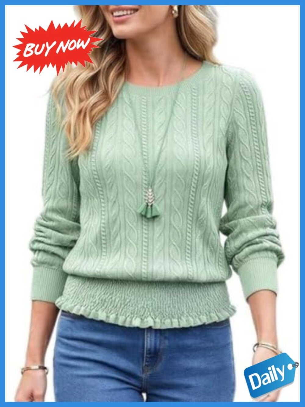 MODLILY Cable Knit Tunic Top Smocked Waist Balloon Sleeve Fall